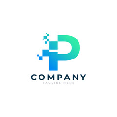 Tech Letter P Logo. Blue and Green Geometric Shape with Square Pixel Dots. Usable for Business and Technology Logos. Design Ideas Template Element.