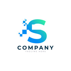 Tech Letter S Logo. Blue and Green Geometric Shape with Square Pixel Dots. Usable for Business and Technology Logos. Design Ideas Template Element.