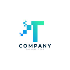 Tech Letter T Logo. Blue and Green Geometric Shape with Square Pixel Dots. Usable for Business and Technology Logos. Design Ideas Template Element.