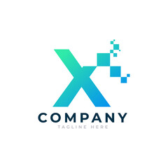 Tech Letter X Logo. Blue and Green Geometric Shape with Square Pixel Dots. Usable for Business and Technology Logos. Design Ideas Template Element.