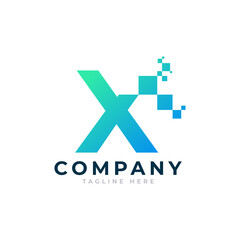 Obraz premium Tech Letter X Logo. Blue and Green Geometric Shape with Square Pixel Dots. Usable for Business and Technology Logos. Design Ideas Template Element.