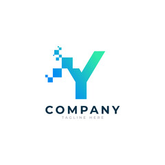 Tech Letter Y Logo. Blue and Green Geometric Shape with Square Pixel Dots. Usable for Business and Technology Logos. Design Ideas Template Element.
