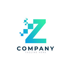 Tech Letter Z Logo. Blue and Green Geometric Shape with Square Pixel Dots. Usable for Business and Technology Logos. Design Ideas Template Element.