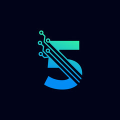 Tech Number 5 Logo. Futuristic Vector Logo Template with Green and Blue Gradient Color. Geometric Shape. Usable for Business and Technology Logos.