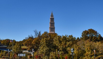 Alexandria, Virginia, USA - November 1, 2021: George Washington Masonic Temple as seen from the King Street - Old Town WMATA Metro Station on a Bright, Fall Afternoon