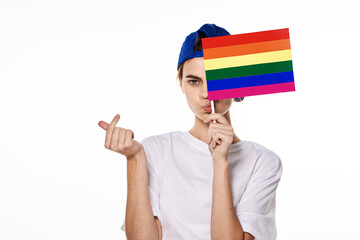 woman wearing white t-shirt lgbt flag inventor community