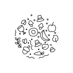 Cute cartoon hand drawn Thanksgiving seamless pattern. Detailed line art, with lots of background objects. Endless cute vector illustration. Contour background with autumn items