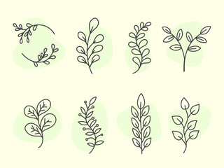 Green leaf leaves design element set Outline Style illustration