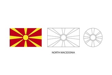 North Macedonia flag 3 versions, Vector illustration, Thin black line of rectangle and the circle on white background.