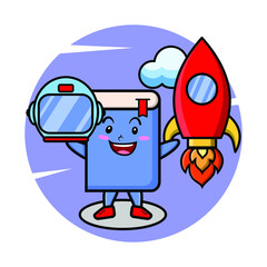 Book mascot cartoon character as astronut with rocket, helm, and cloud in cute style for t-shirt, sticker, logo element, poster