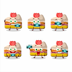 Photographer profession emoticon with slice of strawberry pudding cake cartoon character