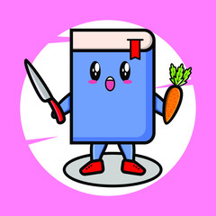 Cartoon book mascot holding knife and carrot in cute style for t-shirt, sticker, logo element