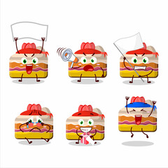 Mascot design style of slice of strawberry pudding cake character as an attractive supporter