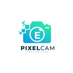 Letter E Inside Camera Photo Pixel Technology Logo Design Template