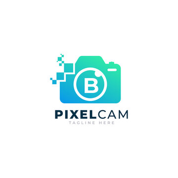 Letter B Inside Camera Photo Pixel Technology Logo Design Template