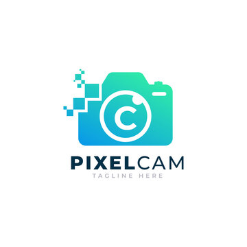 Letter C Inside Camera Photo Pixel Technology Logo Design Template