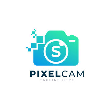 Letter S Inside Camera Photo Pixel Technology Logo Design Template
