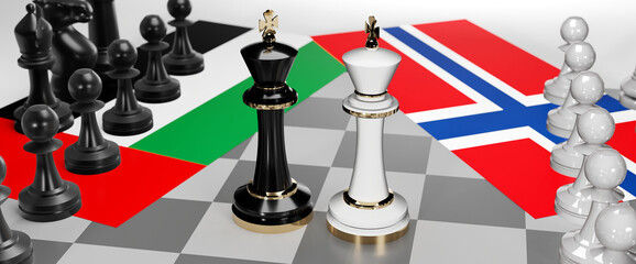 United Arab Emirates and Norway - talks, debate or dialog between those two countries shown as two chess kings with national flags that symbolize subtle art of diplomacy, 3d illustration