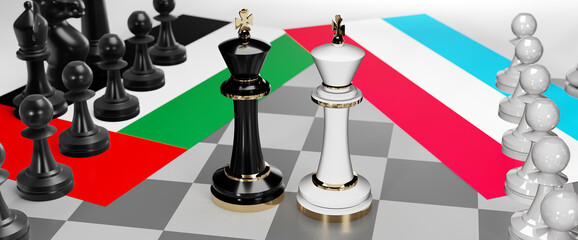 United Arab Emirates and Luxembourg - talks, debate or dialog between those two countries shown as two chess kings with national flags that symbolize subtle art of diplomacy, 3d illustration