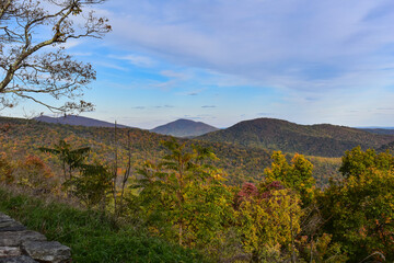 Mountain Scenery With Beautiful Fall Trees in the Foreground and a Bright Blue Sky in the Background