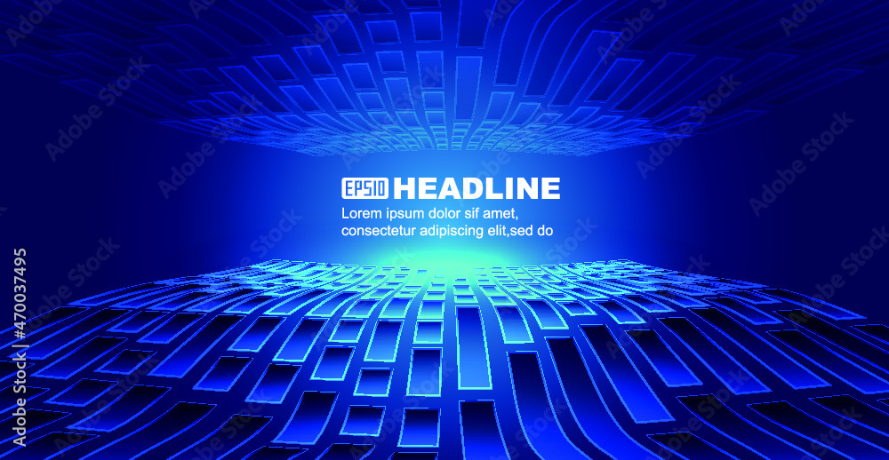 Poster the undulating movement of blue squares extends forward with a technological spatial background.