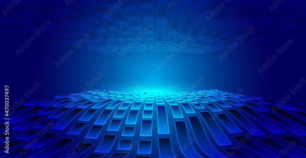 Poster the undulating movement of blue squares extends forward with a technological spatial background.