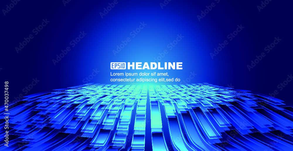 Poster the undulating movement of blue squares extends forward with a technological spatial background.