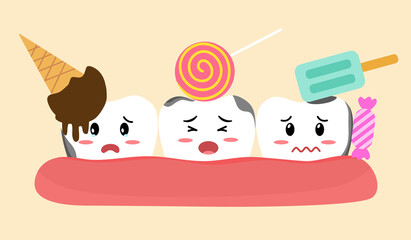 Dirty cavity teeth cartoon with sweet candy and ice cream that damage teeth in flat design. Dental care. Dental illness. Oral hygiene concept.