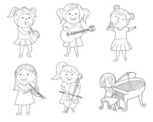 coloring book for children. color it according to the drawing. a set of cute cartoon girl musicians. vector