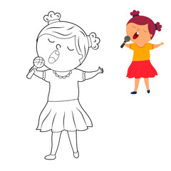 coloring book for children. color it according to the drawing. cute cartoon girl sings into the microphone. vector