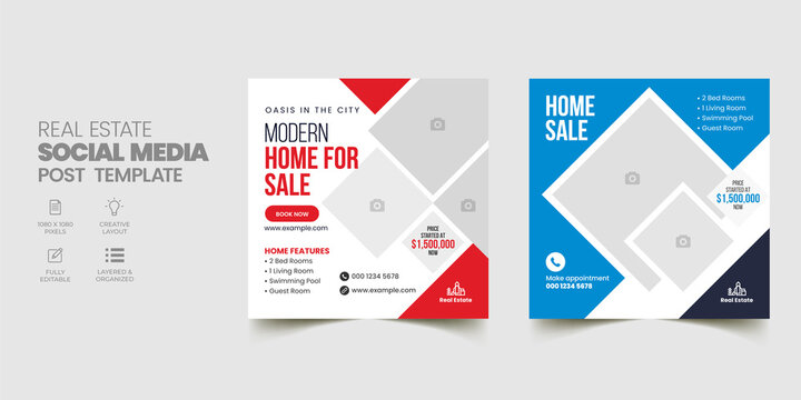 Post Template Real Estate Business Marketing Social Media Banner and square flyer poster. Editable Promotion corporate Web Banner Stories Ads