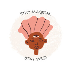 Indigo kid, paranormal character fortuneteller with Third Eye. Magic vision, future sight. Stay magical, stay wild text.