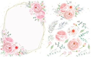 可憐なピンク系のバラの花とリーフのゴールドフレームセットベクターイラスト素材
