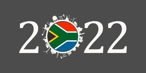 2022 year number with industrial icons around zero digit. Flag of South Africa.