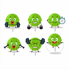 A healthy sweet melon lollipop cartoon style trying some tools on Fitness center