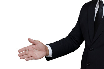 A businessman in a black suit reaches out with one forearm to shake hands. business idea...