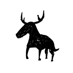 Primitive art. Silhouette of deer or bull. Stone Age tribal mural print