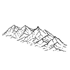 Mountains in engraving style. Nature landscape of highlands. Rocky ridge. Hand drawn design