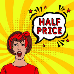 Half Price in comic pop art style. Comic book explosion with text Half Price. Vector bright cartoon illustration in retro pop art style. 