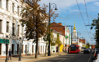Fototapeta na wymiar View of one of the oldest streets of Rybinsk - Krestovaya street in summertime.