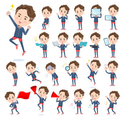 スマートフォンなどのデジタル機器を持つスポーツウエアを着た中年男性のセット