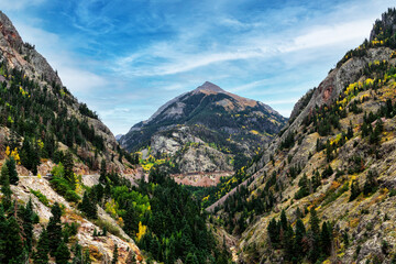 Abrams Mountain and San Juan Mountains as seen from an overlook on Million Dollar Highway near of Ouray, Colorado, USA