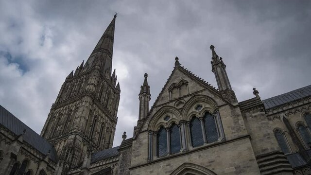 Cathedral Tallest Church Spire t Salisbury, England, UK  Time Lapse
