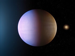 Planet in a binary star system. Two stars illuminate the exoplanet. 