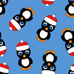 Seamless Pattern with Penguin on Blue Background.