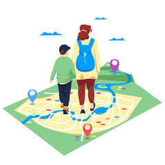 people map. people are walking on the map. travelers. vector image of people