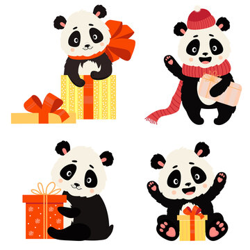 Cute panda bears. Collection of joyful holiday animals with gifts and boxes. Set of vector illustrations in cartoon style. For greeting cards and decor, print and kids collection. Isolated characters