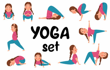 A set with yoga poses. A European child is engaged in sports. Vector illustration in a flat style on a white background.
