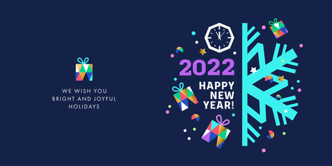 Happy New Year 2022 banner, greeting card, poster, holiday cover. Modern Christmas design in geometric style with triangle pattern, clock face, gifts, snowflake and confetti on dark blue background