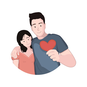 valentine vector illustration. guy holding a heart vector. couple in love. romantic couple flat. couple vector. couple on camera vector. 